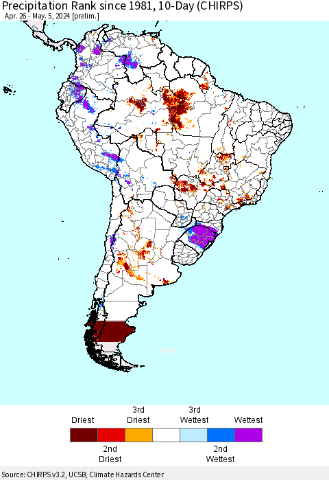 South America Precipitation Rank since 1981, 10-Day (CHIRPS) Thematic Map For 4/26/2024 - 5/5/2024