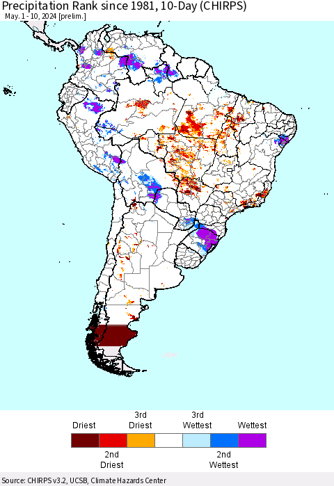 South America Precipitation Rank since 1981, 10-Day (CHIRPS) Thematic Map For 5/1/2024 - 5/10/2024