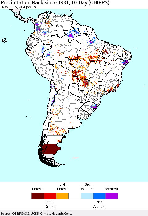 South America Precipitation Rank since 1981, 10-Day (CHIRPS) Thematic Map For 5/6/2024 - 5/15/2024