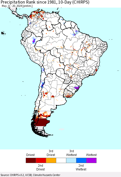 South America Precipitation Rank since 1981, 10-Day (CHIRPS) Thematic Map For 5/11/2024 - 5/20/2024