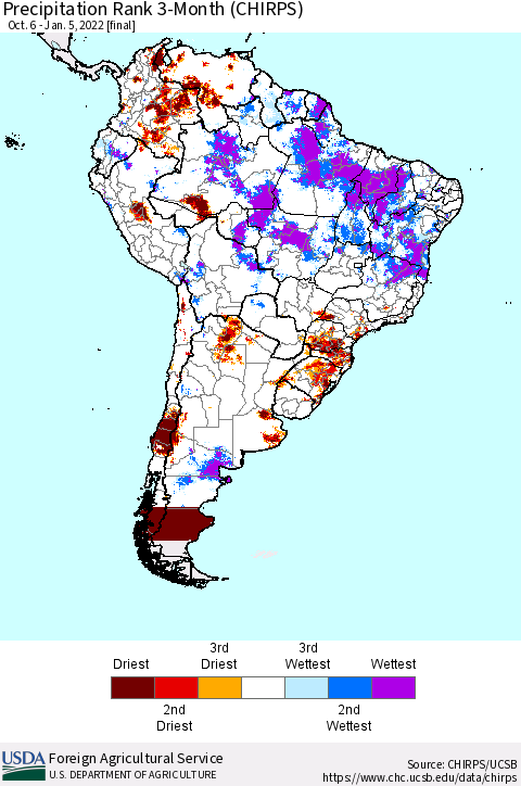 South America Precipitation Rank since 1981, 3-Month (CHIRPS) Thematic Map For 10/6/2021 - 1/5/2022