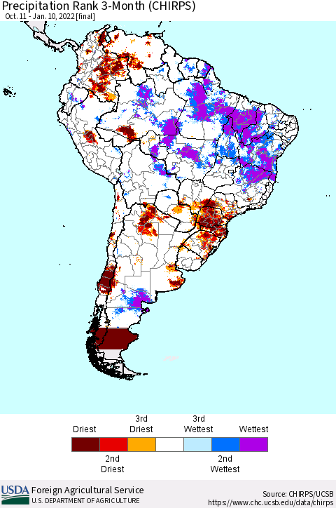 South America Precipitation Rank since 1981, 3-Month (CHIRPS) Thematic Map For 10/11/2021 - 1/10/2022