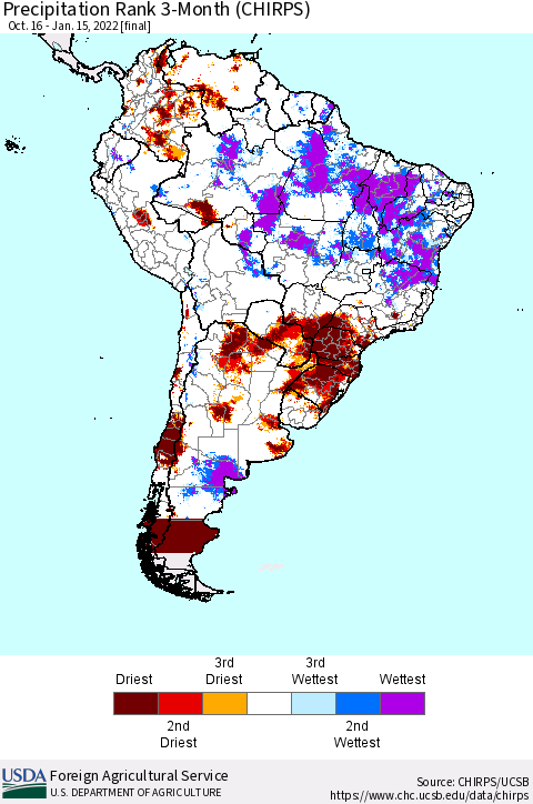 South America Precipitation Rank since 1981, 3-Month (CHIRPS) Thematic Map For 10/16/2021 - 1/15/2022