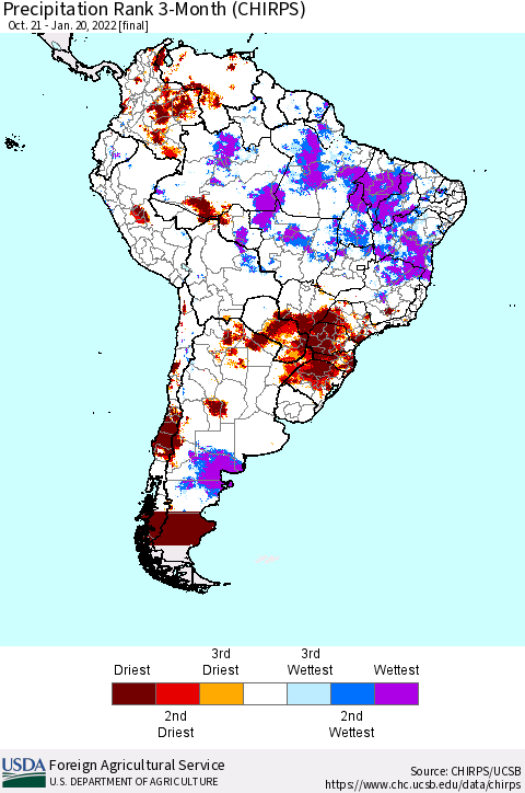 South America Precipitation Rank since 1981, 3-Month (CHIRPS) Thematic Map For 10/21/2021 - 1/20/2022
