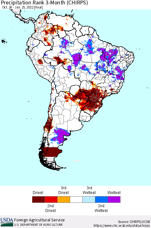 South America Precipitation Rank since 1981, 3-Month (CHIRPS) Thematic Map For 10/26/2021 - 1/25/2022