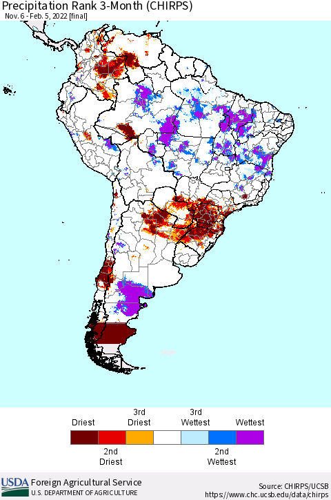 South America Precipitation Rank since 1981, 3-Month (CHIRPS) Thematic Map For 11/6/2021 - 2/5/2022