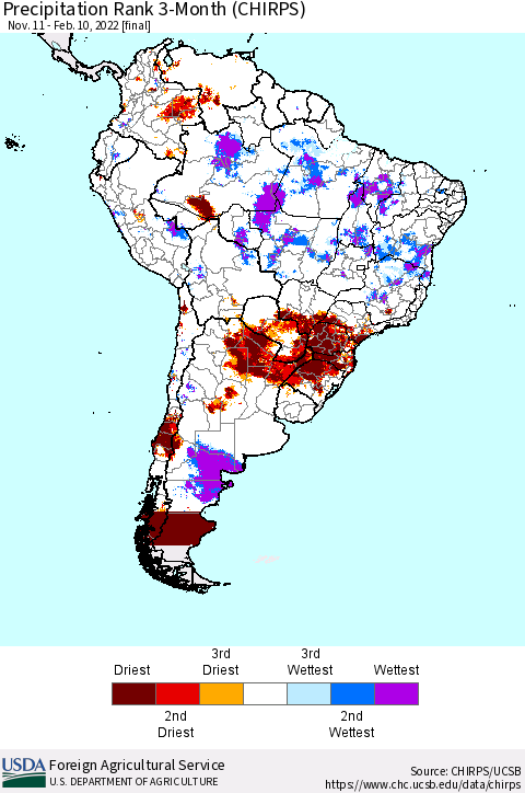 South America Precipitation Rank since 1981, 3-Month (CHIRPS) Thematic Map For 11/11/2021 - 2/10/2022