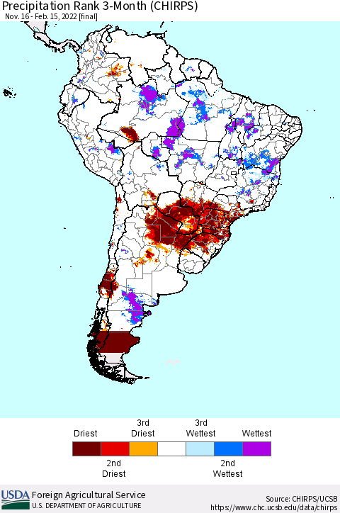 South America Precipitation Rank since 1981, 3-Month (CHIRPS) Thematic Map For 11/16/2021 - 2/15/2022