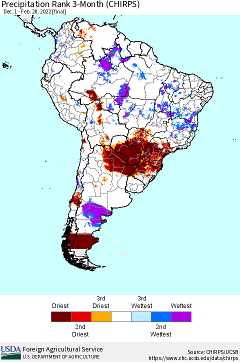 South America Precipitation Rank since 1981, 3-Month (CHIRPS) Thematic Map For 12/1/2021 - 2/28/2022