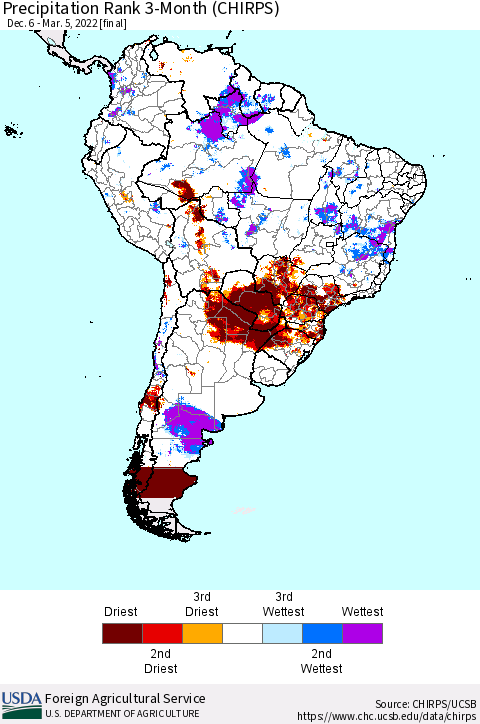 South America Precipitation Rank since 1981, 3-Month (CHIRPS) Thematic Map For 12/6/2021 - 3/5/2022