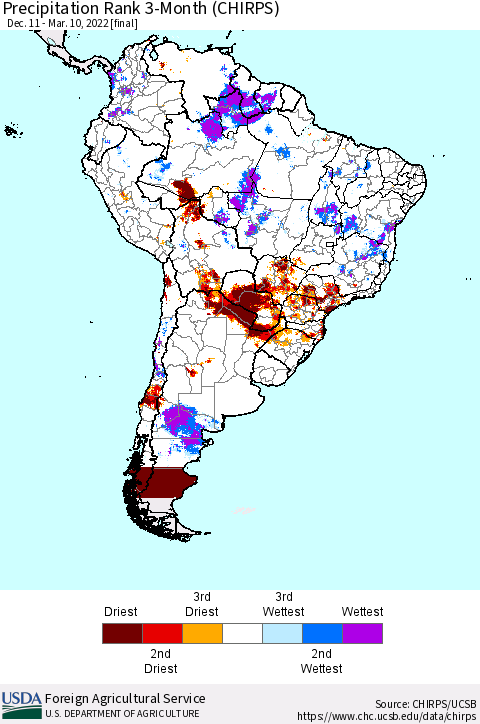 South America Precipitation Rank since 1981, 3-Month (CHIRPS) Thematic Map For 12/11/2021 - 3/10/2022