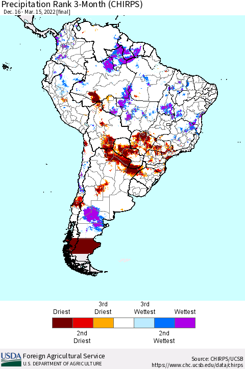 South America Precipitation Rank since 1981, 3-Month (CHIRPS) Thematic Map For 12/16/2021 - 3/15/2022