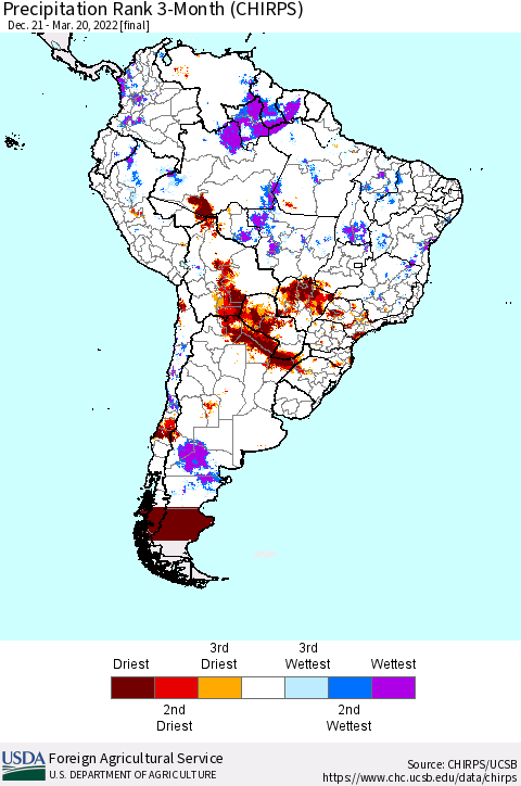 South America Precipitation Rank since 1981, 3-Month (CHIRPS) Thematic Map For 12/21/2021 - 3/20/2022