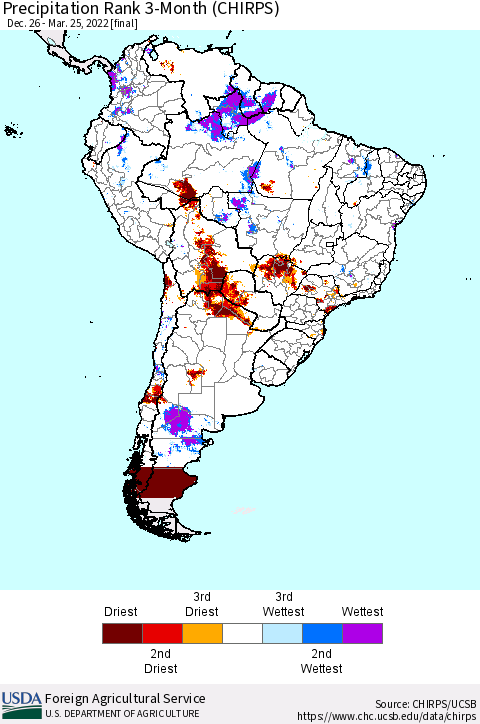 South America Precipitation Rank since 1981, 3-Month (CHIRPS) Thematic Map For 12/26/2021 - 3/25/2022