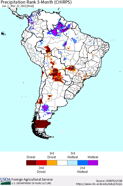 South America Precipitation Rank since 1981, 3-Month (CHIRPS) Thematic Map For 1/1/2022 - 3/31/2022