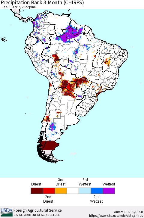 South America Precipitation Rank since 1981, 3-Month (CHIRPS) Thematic Map For 1/6/2022 - 4/5/2022
