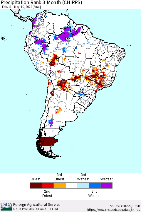 South America Precipitation Rank since 1981, 3-Month (CHIRPS) Thematic Map For 2/11/2022 - 5/10/2022