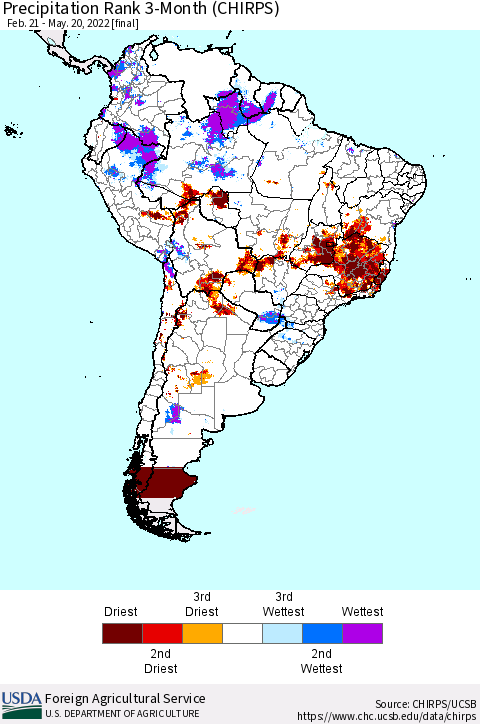South America Precipitation Rank since 1981, 3-Month (CHIRPS) Thematic Map For 2/21/2022 - 5/20/2022