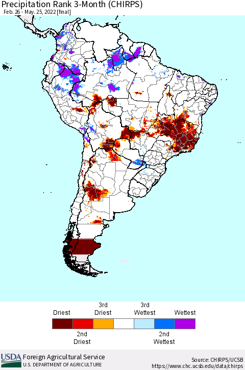 South America Precipitation Rank since 1981, 3-Month (CHIRPS) Thematic Map For 2/26/2022 - 5/25/2022