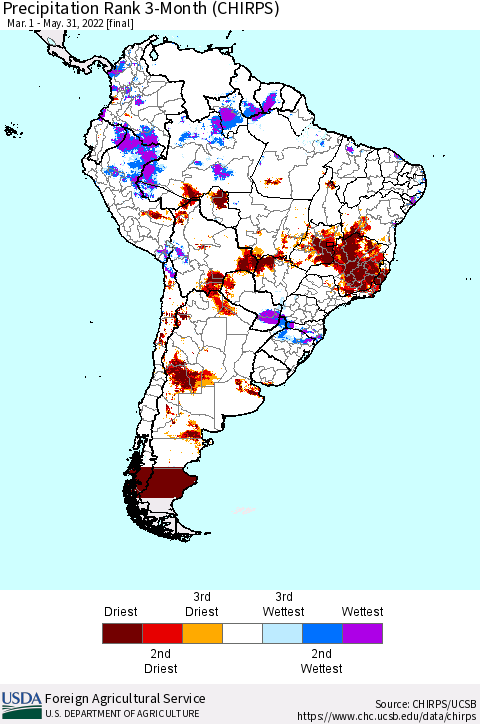 South America Precipitation Rank since 1981, 3-Month (CHIRPS) Thematic Map For 3/1/2022 - 5/31/2022