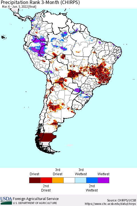 South America Precipitation Rank since 1981, 3-Month (CHIRPS) Thematic Map For 3/6/2022 - 6/5/2022
