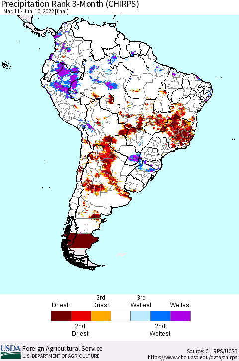 South America Precipitation Rank since 1981, 3-Month (CHIRPS) Thematic Map For 3/11/2022 - 6/10/2022