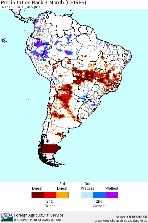South America Precipitation Rank since 1981, 3-Month (CHIRPS) Thematic Map For 3/16/2022 - 6/15/2022