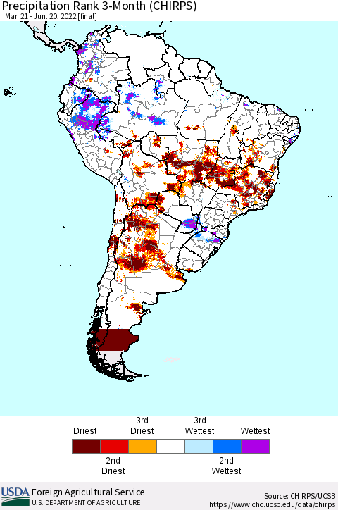 South America Precipitation Rank since 1981, 3-Month (CHIRPS) Thematic Map For 3/21/2022 - 6/20/2022