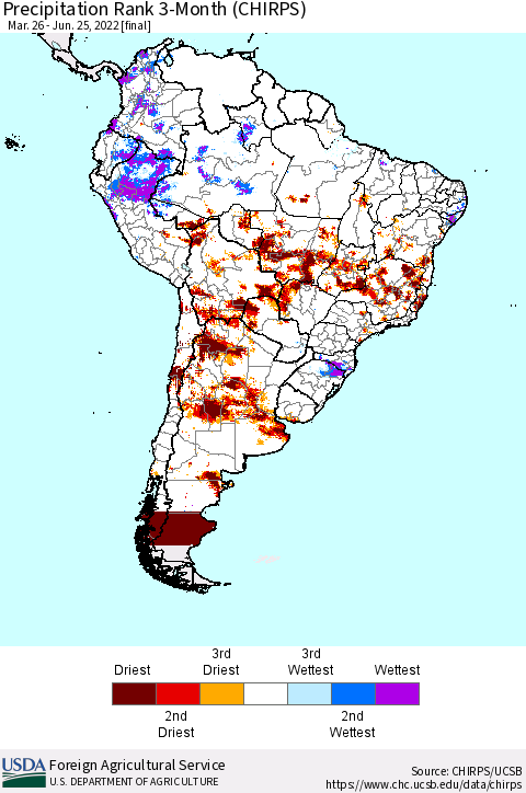 South America Precipitation Rank since 1981, 3-Month (CHIRPS) Thematic Map For 3/26/2022 - 6/25/2022