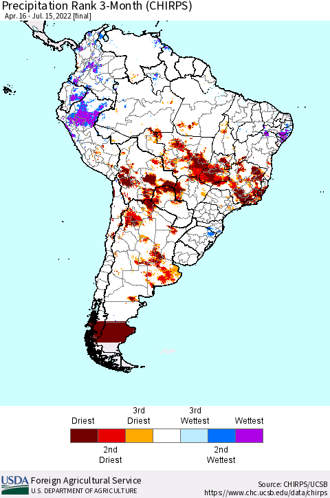 South America Precipitation Rank since 1981, 3-Month (CHIRPS) Thematic Map For 4/16/2022 - 7/15/2022