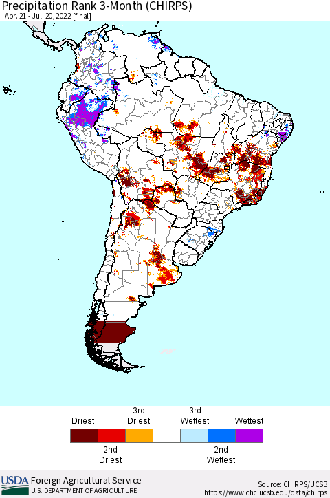 South America Precipitation Rank since 1981, 3-Month (CHIRPS) Thematic Map For 4/21/2022 - 7/20/2022