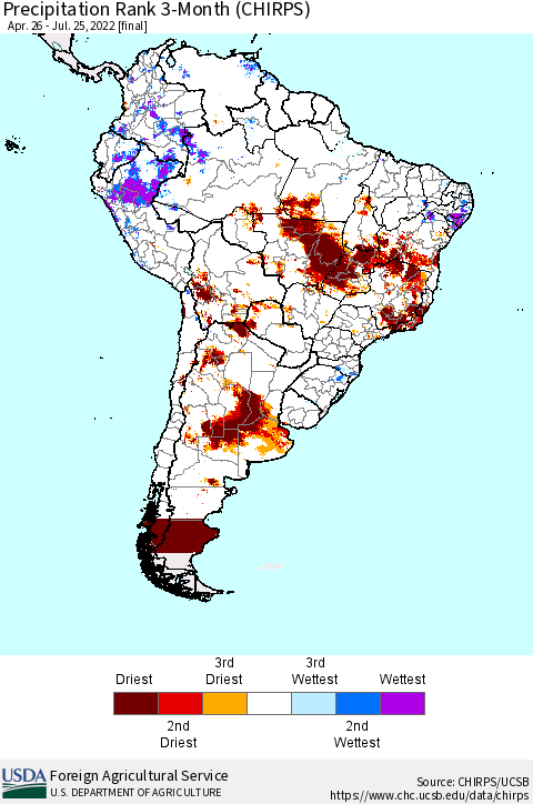 South America Precipitation Rank since 1981, 3-Month (CHIRPS) Thematic Map For 4/26/2022 - 7/25/2022