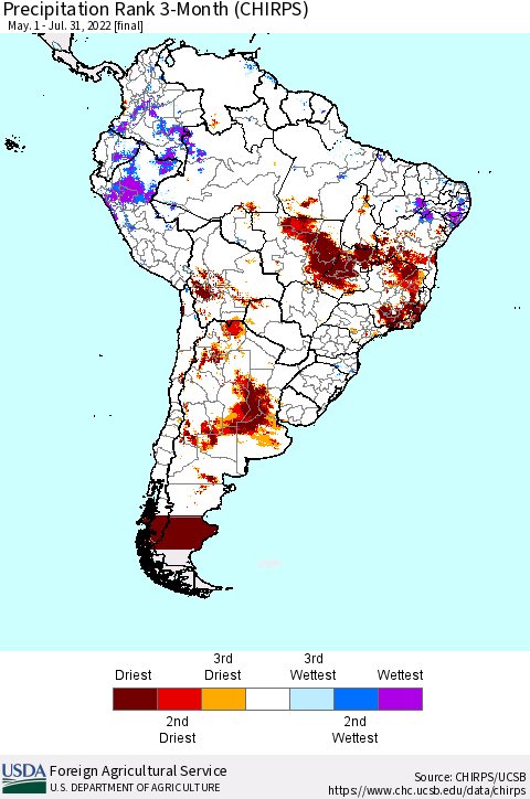 South America Precipitation Rank since 1981, 3-Month (CHIRPS) Thematic Map For 5/1/2022 - 7/31/2022