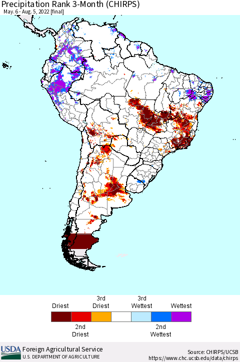 South America Precipitation Rank since 1981, 3-Month (CHIRPS) Thematic Map For 5/6/2022 - 8/5/2022