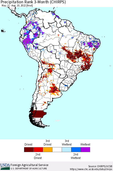 South America Precipitation Rank since 1981, 3-Month (CHIRPS) Thematic Map For 5/11/2022 - 8/10/2022