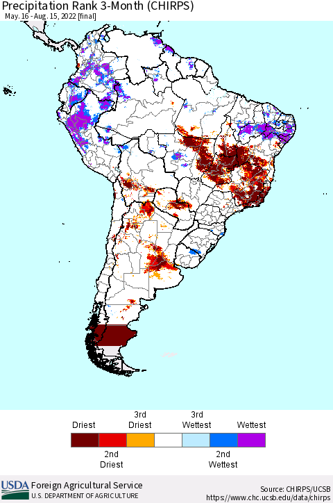 South America Precipitation Rank since 1981, 3-Month (CHIRPS) Thematic Map For 5/16/2022 - 8/15/2022