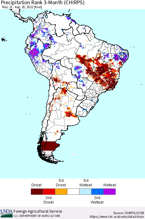 South America Precipitation Rank since 1981, 3-Month (CHIRPS) Thematic Map For 5/21/2022 - 8/20/2022