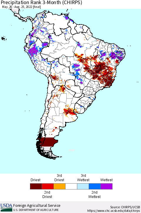 South America Precipitation Rank since 1981, 3-Month (CHIRPS) Thematic Map For 5/26/2022 - 8/25/2022