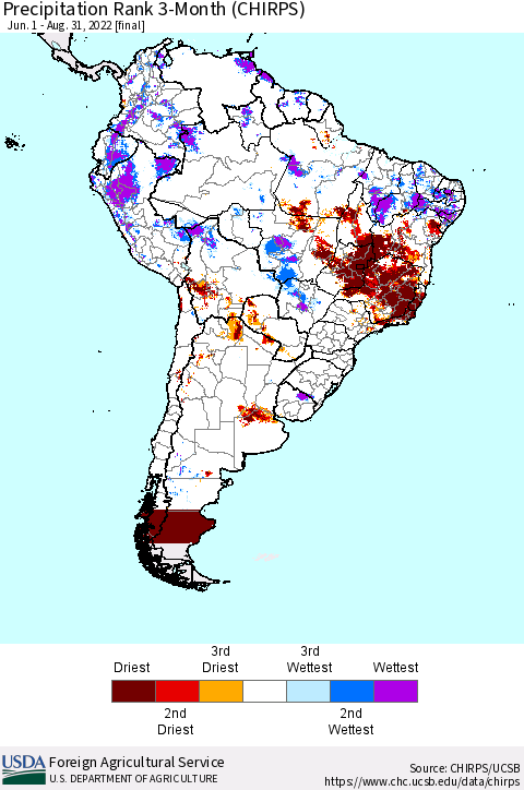 South America Precipitation Rank since 1981, 3-Month (CHIRPS) Thematic Map For 6/1/2022 - 8/31/2022