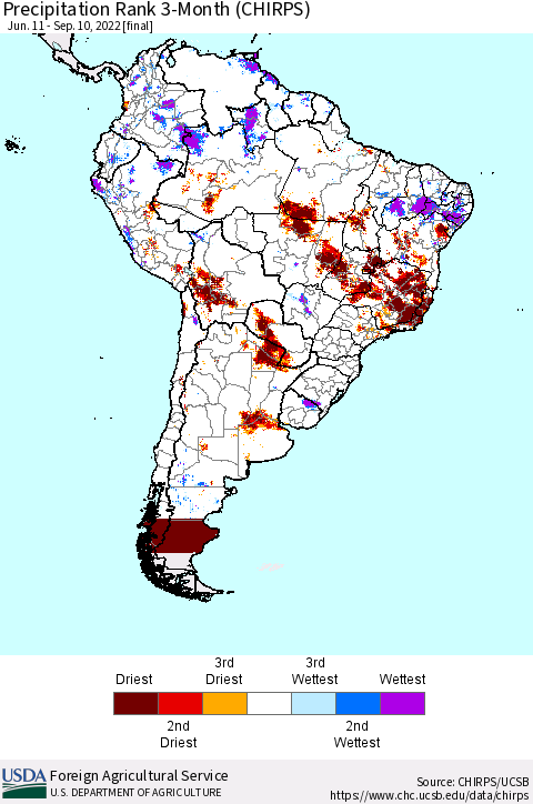 South America Precipitation Rank since 1981, 3-Month (CHIRPS) Thematic Map For 6/11/2022 - 9/10/2022
