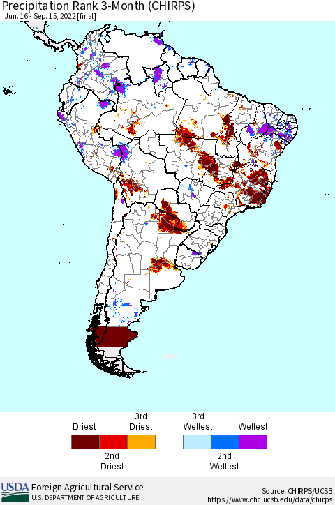 South America Precipitation Rank since 1981, 3-Month (CHIRPS) Thematic Map For 6/16/2022 - 9/15/2022