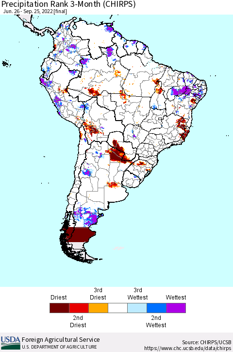 South America Precipitation Rank since 1981, 3-Month (CHIRPS) Thematic Map For 6/26/2022 - 9/25/2022