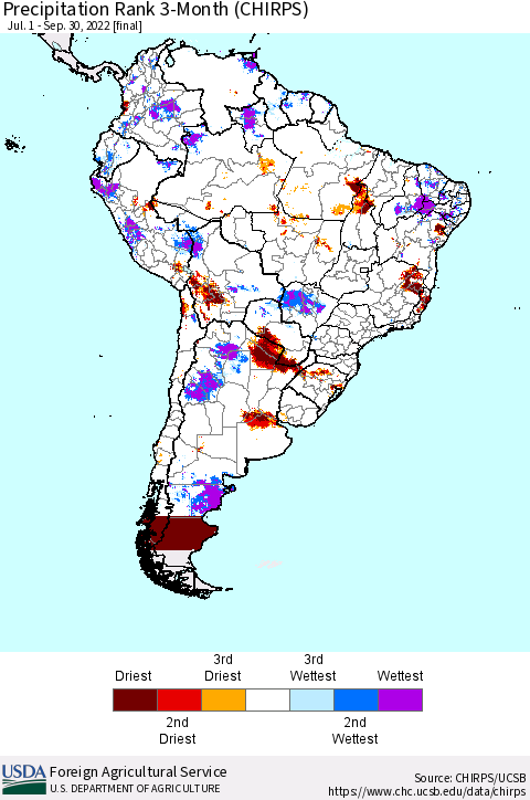 South America Precipitation Rank since 1981, 3-Month (CHIRPS) Thematic Map For 7/1/2022 - 9/30/2022