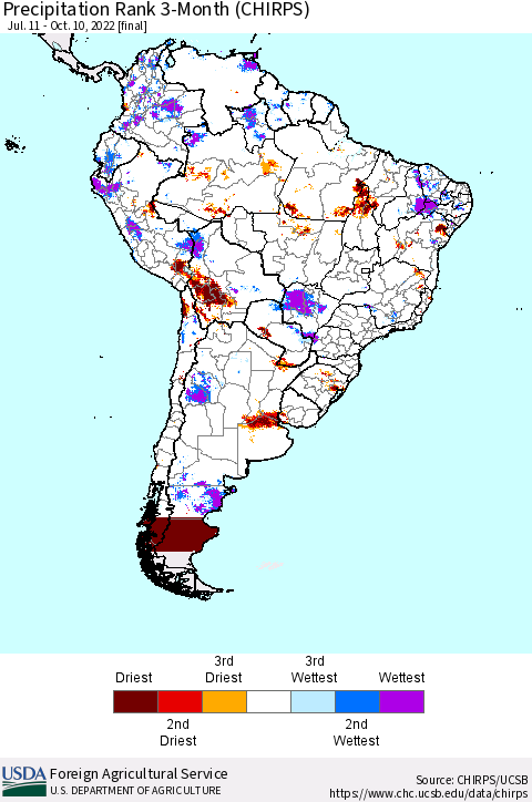 South America Precipitation Rank since 1981, 3-Month (CHIRPS) Thematic Map For 7/11/2022 - 10/10/2022