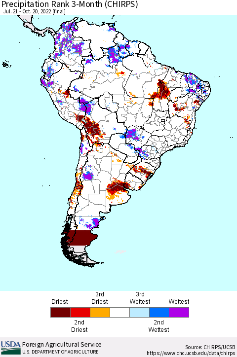 South America Precipitation Rank since 1981, 3-Month (CHIRPS) Thematic Map For 7/21/2022 - 10/20/2022