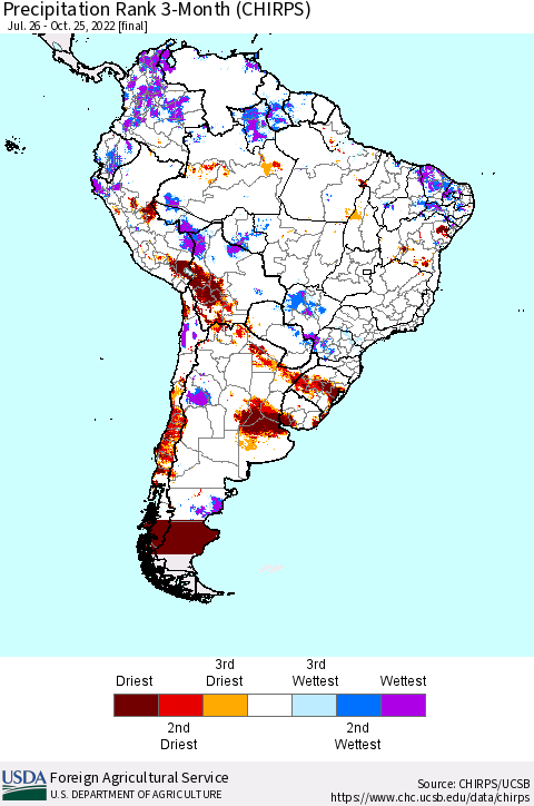 South America Precipitation Rank since 1981, 3-Month (CHIRPS) Thematic Map For 7/26/2022 - 10/25/2022
