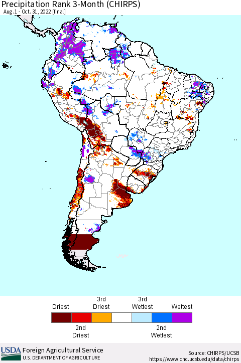 South America Precipitation Rank since 1981, 3-Month (CHIRPS) Thematic Map For 8/1/2022 - 10/31/2022