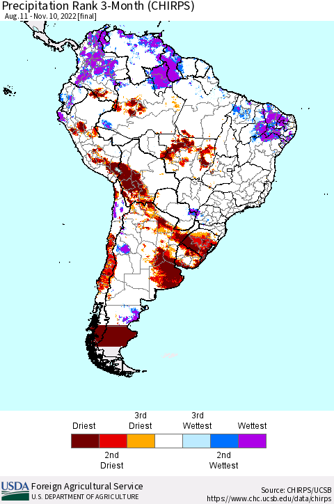South America Precipitation Rank since 1981, 3-Month (CHIRPS) Thematic Map For 8/11/2022 - 11/10/2022