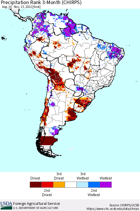 South America Precipitation Rank since 1981, 3-Month (CHIRPS) Thematic Map For 8/16/2022 - 11/15/2022