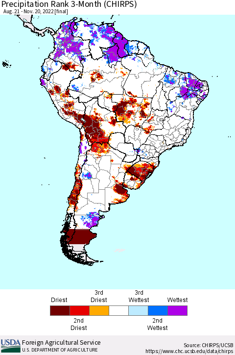 South America Precipitation Rank since 1981, 3-Month (CHIRPS) Thematic Map For 8/21/2022 - 11/20/2022